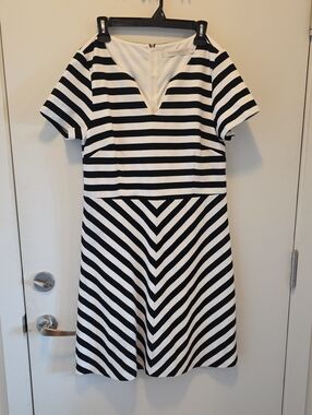 Simons Black & White Striped V-Notch Fit-and-Flare Mini Dress